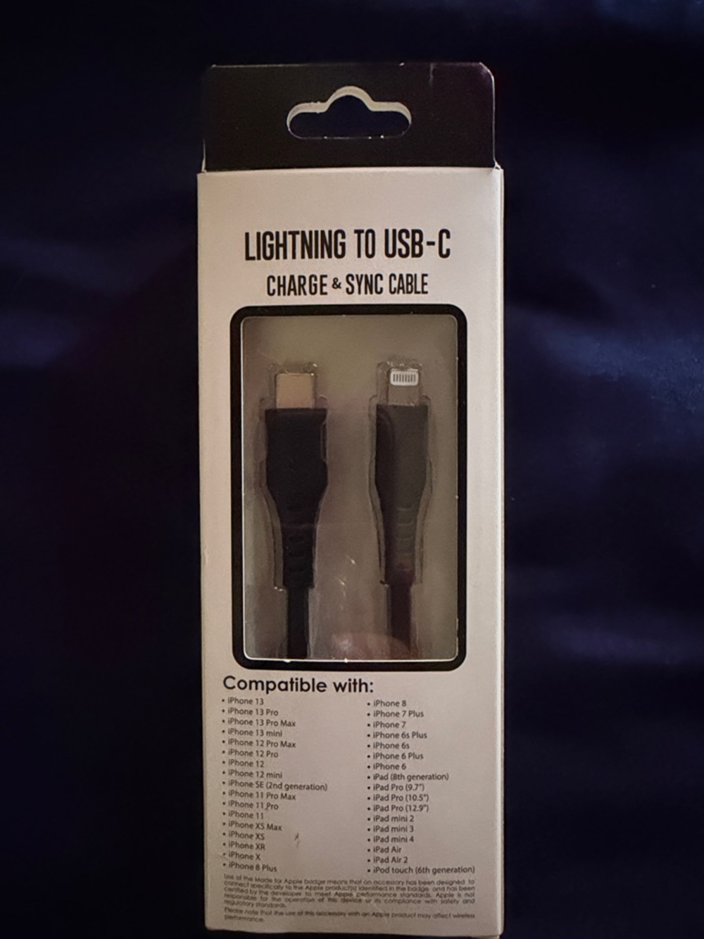 6 FT Lightning to USB-C Charge & Sync Cable - Black- new in box